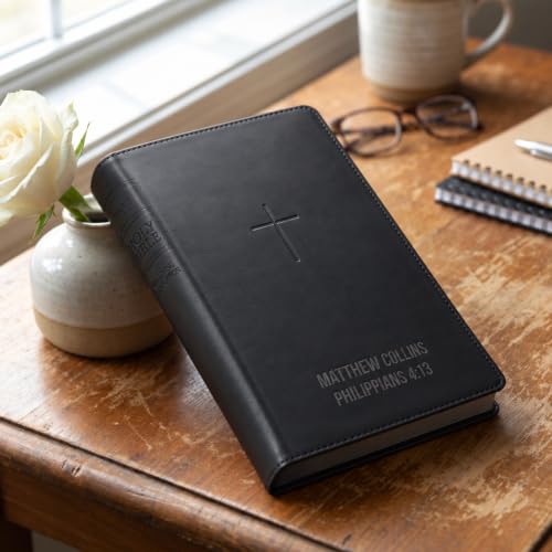 Printualist Personalized NLT Bible, Custom Engraved Name and Scripture Reference, Red Letter New Living Translation Text, Faux Leather Christian Gift for Daily Devotion and Church, Classic Black - color: Classic Black