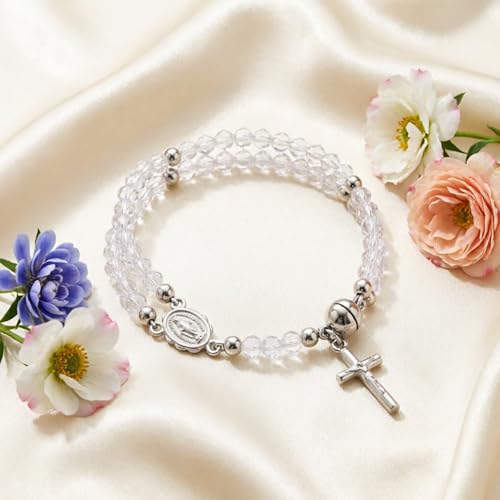 Cross Rosary Bracelet for Women Handcrafted Crystal Virgin Mary Cross Beaded Bracelets Christian Faith Link Bracelets Crucifix Religious Christian Faith Jewelry - color: White