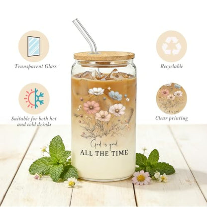IWXYI Floral Christian Glass Cup with Lids and Straws 14oz, Christian Gifts for Women, God Is Good All the Time Bible Verse Religious Iced Coffee Tea Drinking Glasses with Cleaning Brush - color: Floral Christian