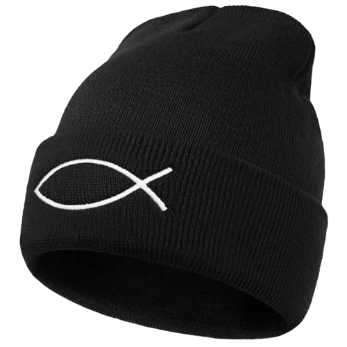 Christian Jesus Fish Beanie Hat for Men Women, Cuffed Beanie Jesus Hats, Religious Gifts for Christmas, New Years - color: Black, style: Fish