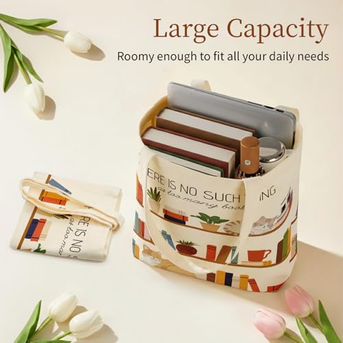 Canvas Tote Bag for Women with Zipper Cute - color: Bookshelf