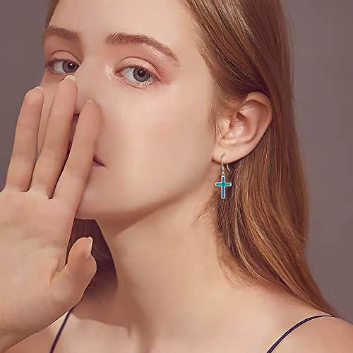 EVER FAITH 925 Sterling Silver Cross Earrings Created Opal Dangle Leverback Earring Minimalist Church Jewelry - color: Blue