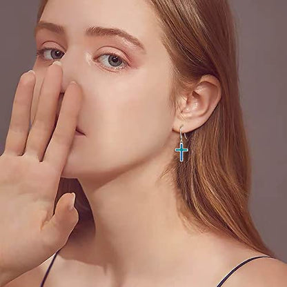 EVER FAITH 925 Sterling Silver Cross Earrings Created Opal Dangle Leverback Earring Minimalist Church Jewelry - color: Blue