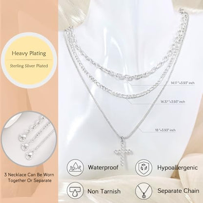 Sterling Silver Cross Necklace for Women Girls Dainty Gold Necklace Stack Non Tarnish Layered Necklaces CZ Cross Pendant Choker Figaro Box Chain Link Layering Stackable Necklaces Trendy Jewelry Gift - color: Sterling Silver