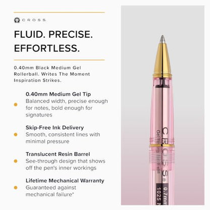 Cross Lume Translucent Translucent Pink Sapphire Resin Rollerball Pen - Gold-Tone PVD Appointments - Black Medium Gel Rollerball - 0.40mm Line Width - Lifetime Mechanical Warranty - color: Pink