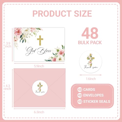 48 Pack Christian Thank You Cards, Watercolor Pink Floral Cross Baptism Thank You Cards with Envelopes & Stickers, First Communion & Religious Occasions - style: 48 Pcs - Pink Christian