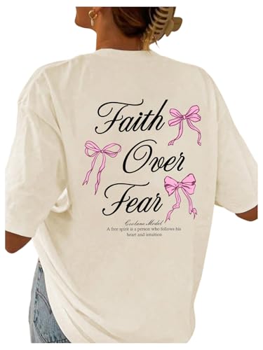 SweatyRocks Women's Bow Shirt Oversized Letter Graphic Tees Cute Tops Trendy Bible Verse Religious T Shirts - color: Apricot, size: XX-Large