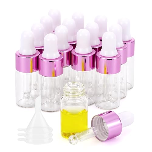 Kesell 15Pcs 3ml Glass Dropper Bottles, Pink Aluminum Caps - color: Pink
