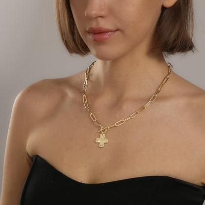 Chunky Cross Necklace for Women, 14K Gold Silver Pendant Necklace - color: Gold-Toggle-0.8 inch pendant