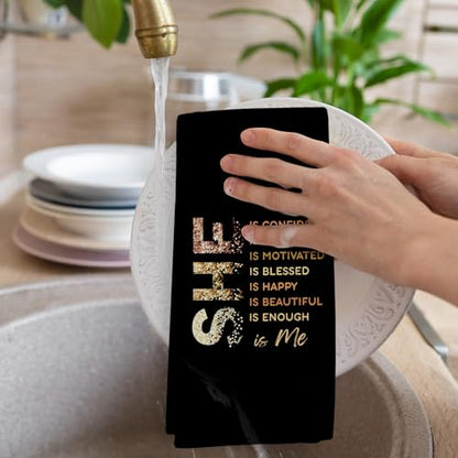 Black Gold She is Me Kitchen Towels, Inspirational Gifts for Women, Postive Affirmations Golden Dish Tea Towels for Kitchen, Inspirational Self Care Hand Towels for Girls Bathroom, 16x24 Inch - color: She