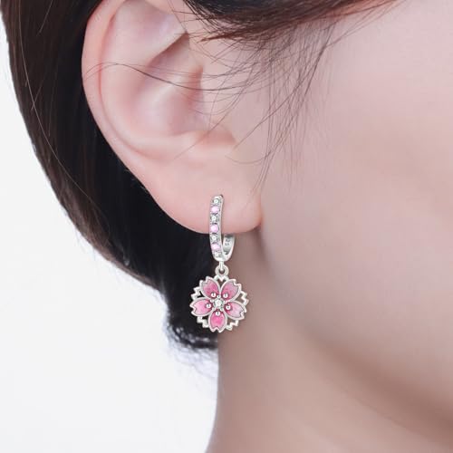 925 Sterling Silver Drop & Dangle Earrings for Women,Butterfly Dragonfly and Bee|Flower and leaf Earrings, Suitable for Sensitive Ears Fashion Jewelry Gift- Hypoallergenic Earrings - color: Cherry blossom