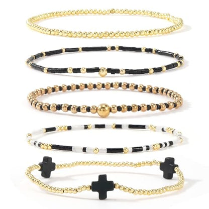 Gold Beaded Bracelets Stack for Women Stackable 14K Gold Plated Beads Ball Cross Bracelet Boho Christian Jewelry Faith Friendship Birthday Gifts for Women - color: Black