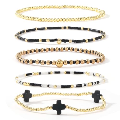 Gold Beaded Bracelets Stack for Women Stackable 14K Gold Plated Beads Ball Cross Bracelet Boho Christian Jewelry Faith Friendship Birthday Gifts for Women - color: Black