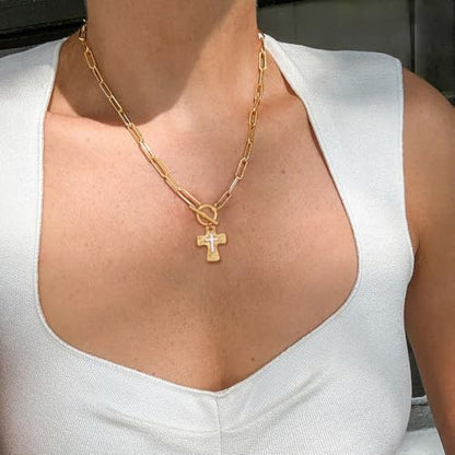 Chunky Cross Necklace for Women, 14K Gold Plated/Silver Statement Cross Pendant Necklace Simple Chunky Charm Necklace Big Gold Necklaces for Women Trendy Faith Jewelry Gifts - color: Chunky Cross GD