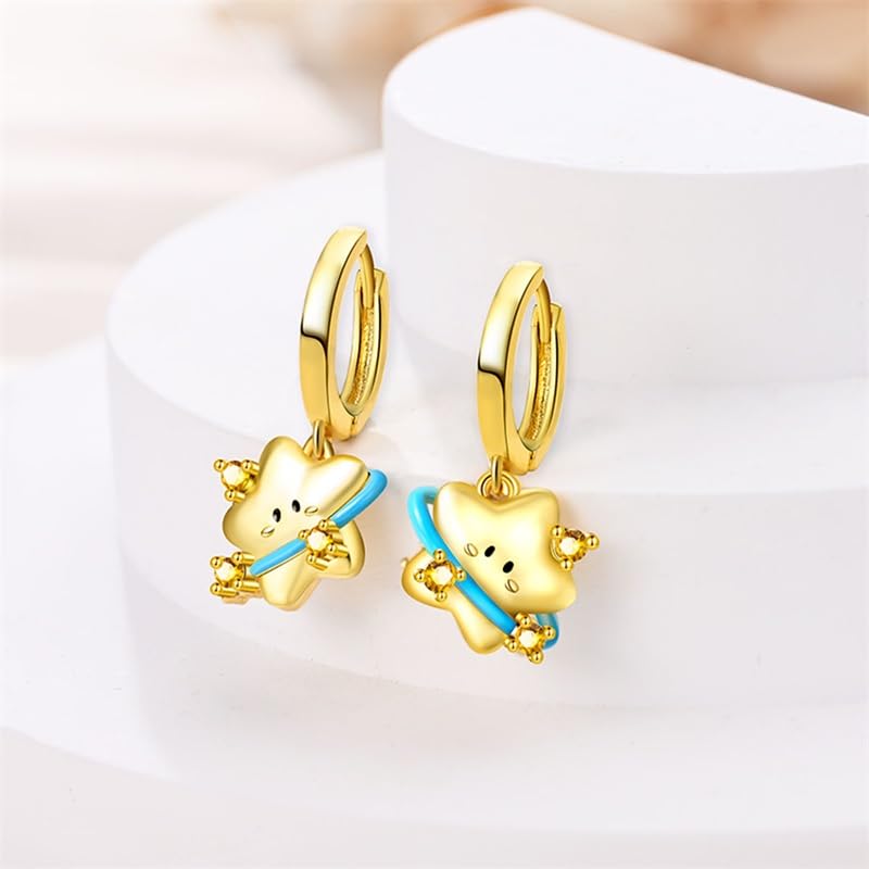 925 Sterling Silver Cute Animal Unique Huggie Hoop Earrings for Women - color: Gold Smiley Star