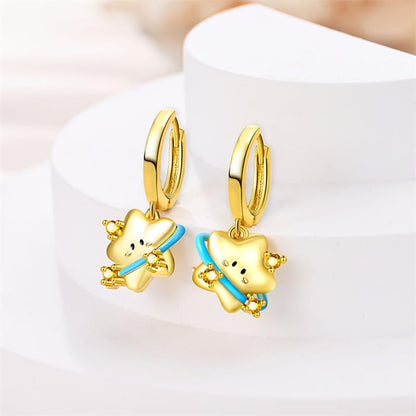 925 Sterling Silver Cute Animal Unique Huggie Hoop Earrings for Women - color: Gold Smiley Star