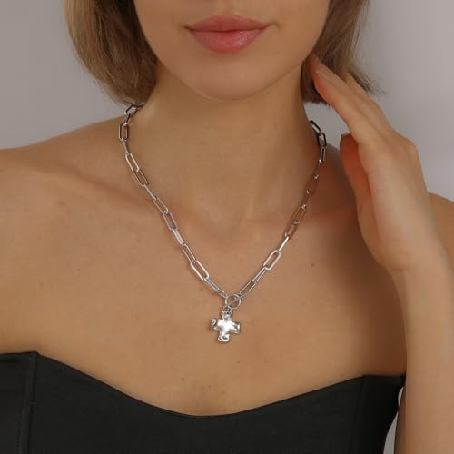 Chunky Cross Necklace for Women, 14K Gold Silver Pendant Necklace - color: White Gold-Toggle-0.8 inch pendant