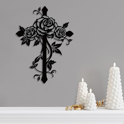 Kercan Metal Cross Wall Decor with Roses, Black Floral Wall Art, Christian Religious Home Decor for Living Room Bedroom, 12.5 x 9.4 Inch - style: Single