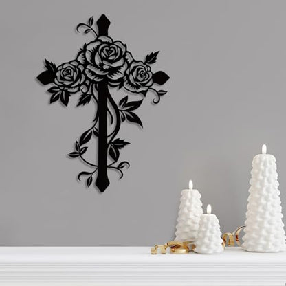 Kercan Metal Cross Wall Decor with Roses, Black Floral Wall Art, Christian Religious Home Decor for Living Room Bedroom, 12.5 x 9.4 Inch - style: Single