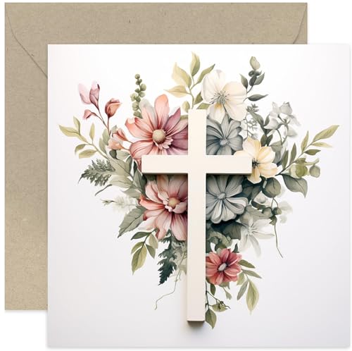Old English Co. Religious Cross Flower Crucifix Card - Card for Thinking of You, Sympathy, Easter, First Communion, Christening, Baptism, Christening - Foliage Artwork Religious Faith Card
