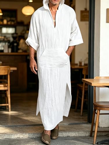 Jacansi Men's 65% Cotton 35% Linen Kaftan Thobe, Long Sleeve Casual Arabic Robe, Loose Long Gown with Pockets - color: 3# White, size: Large
