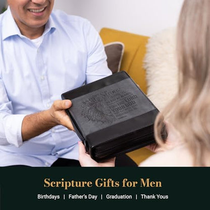Christian Art Gifts Classic Faux Leather Bible Cover for Men and Women: Be Strong and Courageous - Joshua 1:9 Inspirational Bible Verse with Lion, Gray and Black, Large - size: Large