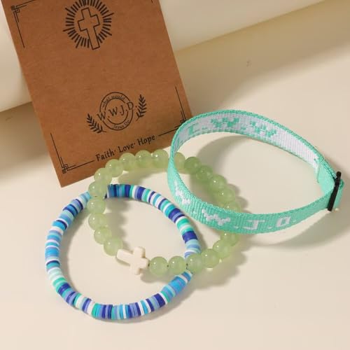 WWJD Bracelets Set WWJD Wristbands Christian Cross Bracelet Stackable Clay Bead Bracelets Stretch Glass Beaded Inspirational Christian Jewelry Gift for Couples Women Men - color: 3PCS Green