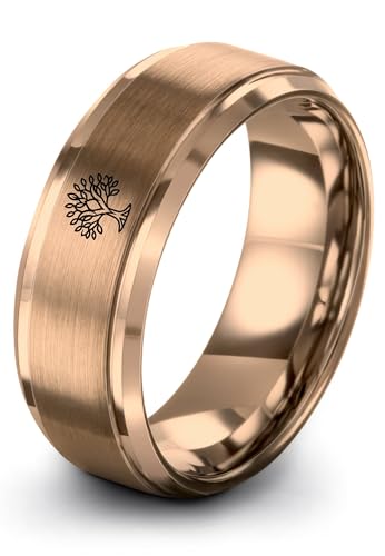 Gift for Spiritual Person - Tree Of Life Ring - Anniversary Wedding - Silver Yellow Rose Gold Gunmetal - Flat Dome Bevel - Personalized Custom Engraving - Band - Brushed Polished - 8mm - Men Women - T - color: 10 - Rose Gold Tungsten