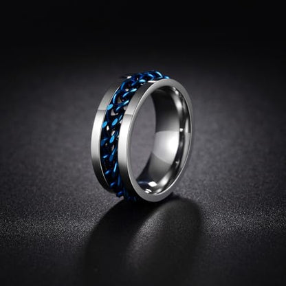 Mens Fidget Rings Anxiety Ring for Men 6mm 8mm Chain Spinner Ring Size 5-14 - color: Silver Blue