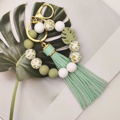 SHINYHARBOR Silicone Beaded Wristlet Keychain Bracelet,Key Wrist Keychains for Women Mom Teachers Best Friend - color: Leaf-green
