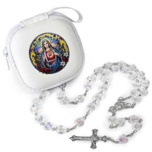 Handmade Rosary Beads for Women, Elegant Catholic Gifts for First Communion, Confirmation & Spiritual Prayer, Unique Beaded Rosary Necklace with Zippered Case - color: White - Immaculate Heart of Mary