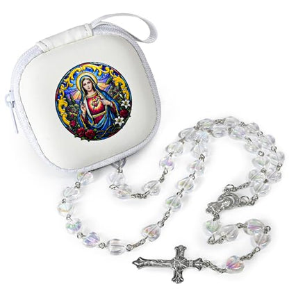 Handmade Rosary Beads for Women, Elegant Catholic Gifts for First Communion, Confirmation & Spiritual Prayer, Unique Beaded Rosary Necklace with Zippered Case - color: White - Immaculate Heart of Mary