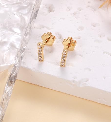 14K Gold Plated Small Stud Earrings for Girls Women Hypoallergenic Surgical Steel Cartilage Flat Back Stud Earrings CZ Cross Dot Bar Heart Handmade Screw Back Earrings Studs - color: Gold, style: Bar