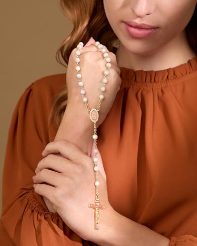 Mondo Cattolico Rosary Beads catholic for Women and Men from Vatican, Miraculous Virgin Rosary with Variegated Glass on a Gold Plated Brass Chain - Perfect Catholic gifts - color: Gold, Pink, White