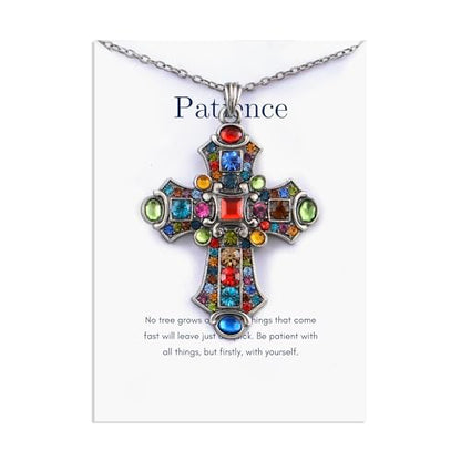 Alilang Silver Tone Stained Glass Rhinestone Patonce Cross Pendant Necklace with Religious Message Card & Envelope Christian Jewelry - style: Patience