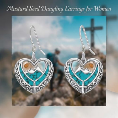 AOBOCO 925 Silver Mustard Seed Cross Heart Dangle Drop Earrings Women - color: Silver-Turquoise