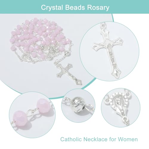 KOMI Crystal Rosary Beads with Jesus Crucifix, Catholic Necklace for Women First Communion Rosarios Wedding Rosary with Velvet Bag - style: 6MM-pink