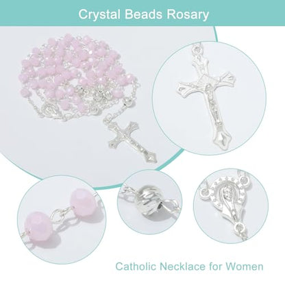 KOMI Crystal Rosary Beads with Jesus Crucifix, Catholic Necklace for Women First Communion Rosarios Wedding Rosary with Velvet Bag - style: 6MM-pink