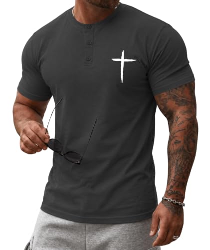 KESIHAN Christian Henley T Shirts for Men Cross Graphic Faith Casual Tee - color: Grey-6, size: Small