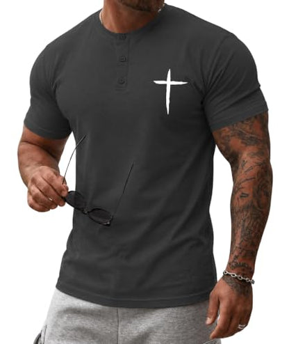 KESIHAN Christian Henley T Shirts for Men Cross Graphic Faith Casual Tee - color: Grey-6, size: Large
