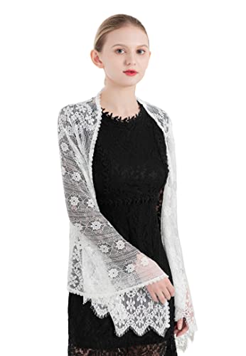 PAMOR Women Chapel Veil Rectangular Mantilla Wrap Shawl Scarf Head Covering Catholic Veils for Church - color: White