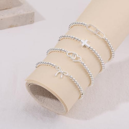 Beaded Bracelets for Women 14K Silver Gold Plated Stretch Handmade Ball Bracelets Cute Charm Bracelet Dainty Stackable Cross Heart Bow Wave CZ Circle Trendy Jewelry Easter Gifts - color: Silver-2