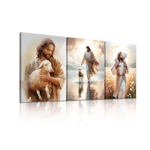 Set of 3 Framed Canvas Wall Art Jesus Saves The Lost Lamb & Jesus Walking On Water Religious Artwork Christian Wall Decor Painting HD Print Poster for Bedroom Living Room Church 16x24inch - color: Jesus01, size: 24L" x 16W"