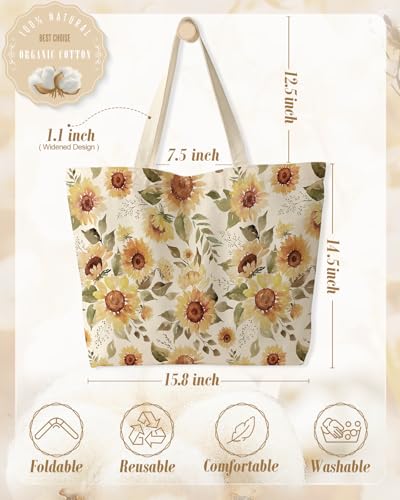 Miss Adola Large Tote Bag for Women - Canvas Tote Bag with Zipper Aesthetic Reusable Shoulder Bag for Gym, Travel, Work - style: Watercolor Sunflower