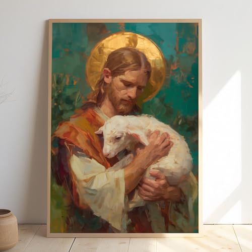 Christian Jesus Canvas Wall Art Jesus Holding Lamb Picture 16x24in No Frame - color: A7Unframed