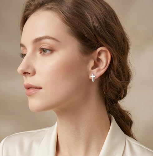 Reffeer Solid 925 Sterling Silver Cross Hoop Earrings for Women Teen Girls Small Cross Huggie Earrings Cartilage Helix - color: A-Silver