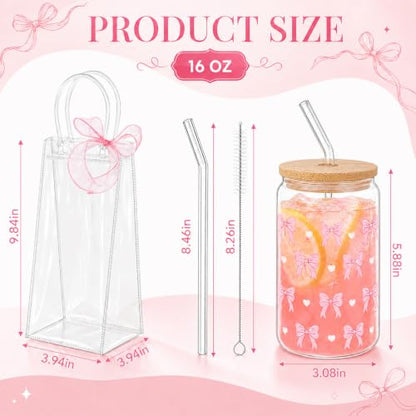 Iced Coffee Mugs, 8 Sets, Glass, 16 oz, Reusable, Pink Bow - color: Pink Bow
