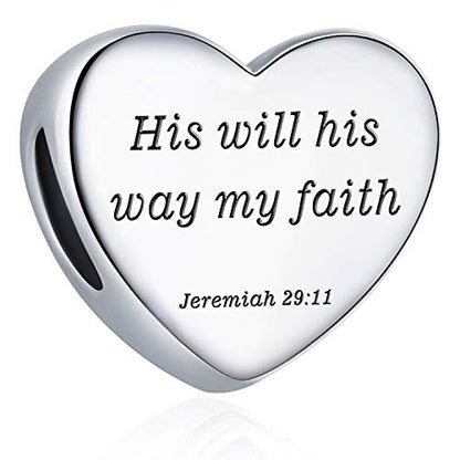 Heart Charm Fit Pandora Charms Bracelet Christian Bible Verse Charm Prayer Faith Religious Charms Gifts for Women - style: His will his way my faith Jeremiah 29:11