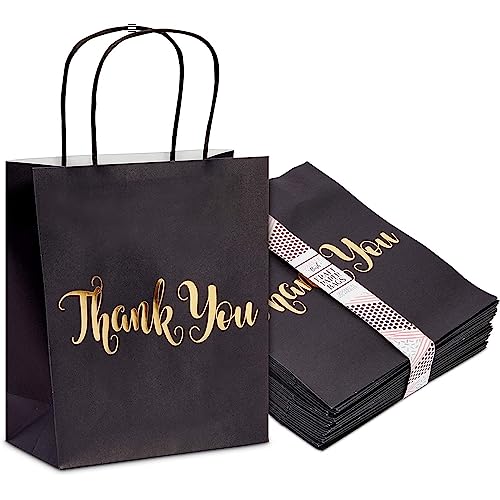 24 Pack Medium Black Thank You Party Favor Paper Goodie Gift Bags with Handles, Gold Foil - color: Black,Gold