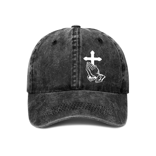 Praying Cross Hat - Faith Adjustable Vintage Washed Cotton Baseball Cap for Men Women - Religious Christian Jesus Gifts - color: Black